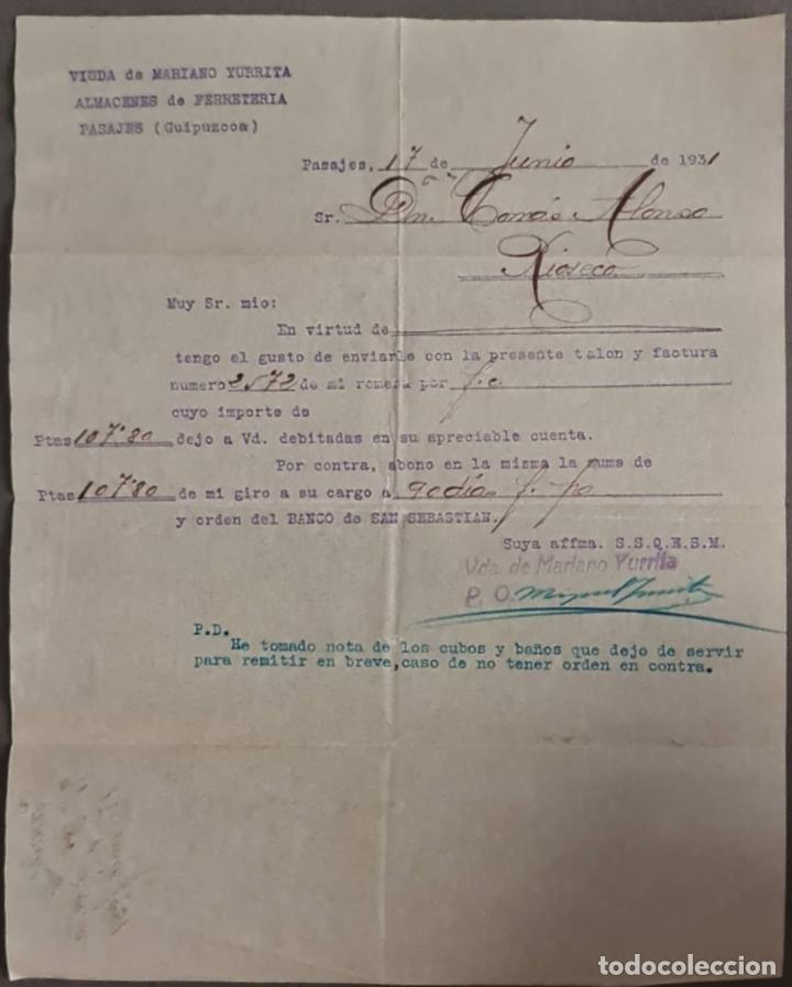 Cartas comerciais: Viuda de Mariano Yurrita. Almacenes de Ferreter&iacute;a. Guip&uacute;zcoa. Espa&ntilde;a 1931