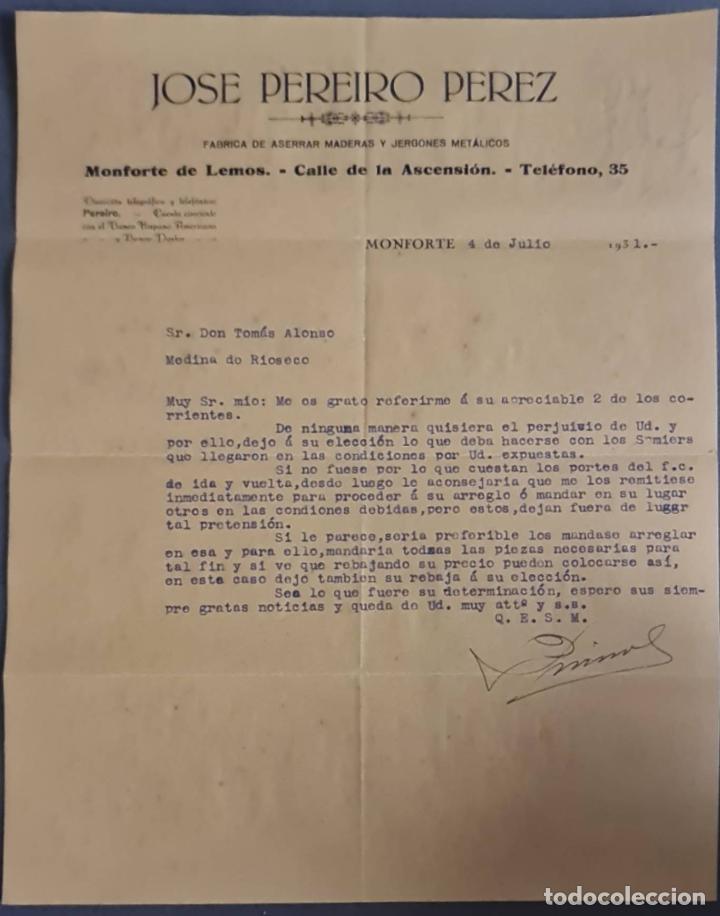 Cartas comerciais: Jos&eacute; Pereiro Perez. F&aacute;brica de aserrar maderas. Monforte. Espa&ntilde;a 1931