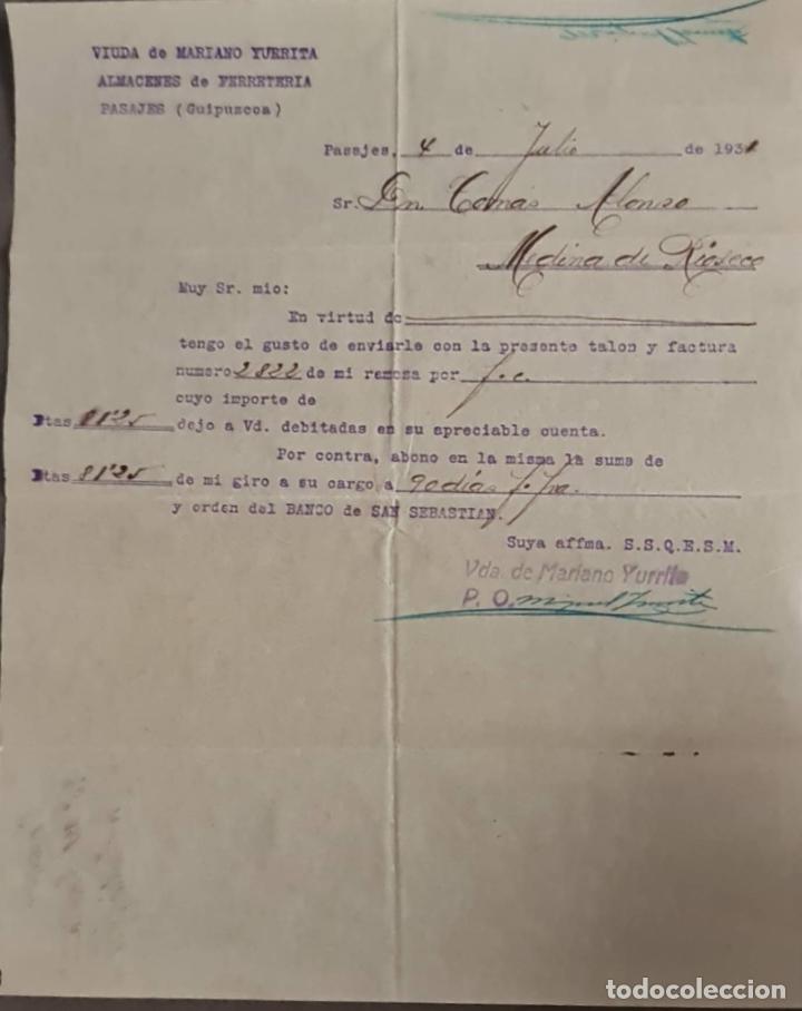 Cartas comerciais: Viuda de Mariano Yurrita. Almacenes de Ferreter&iacute;a. Guip&uacute;zcoa. Espa&ntilde;a 1931