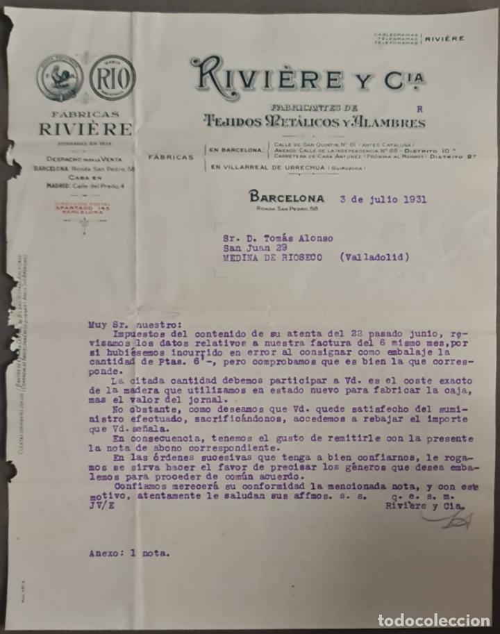 Cartas comerciais: Rivi&eacute;re y C&iacute;a. Tejidos Met&aacute;licos y Alambres. Barcelona. Espa&ntilde;a 1931
