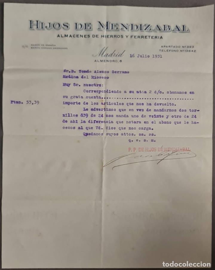 Cartas comerciais: Hijos de Mendizabal. F&aacute;brica de art&iacute;culos de Ferreter&iacute;a. Durango. Vizcaya. Espa&ntilde;a 1931