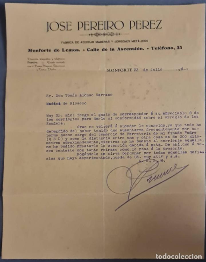 Cartas comerciais: Jos&eacute; Pereiro Perez. F&aacute;brica de aserrar maderas. Monforte. Espa&ntilde;a 1931