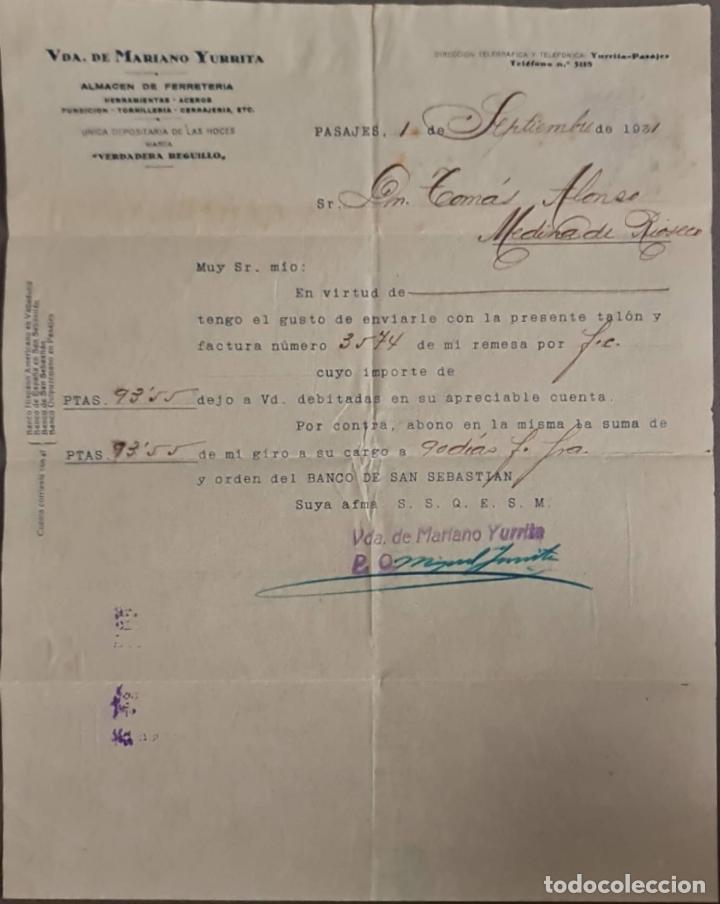 Cartas comerciais: Viuda de Mariano Yurrita. Almacenes de Ferreter&iacute;a. Guip&uacute;zcoa. Espa&ntilde;a 1931