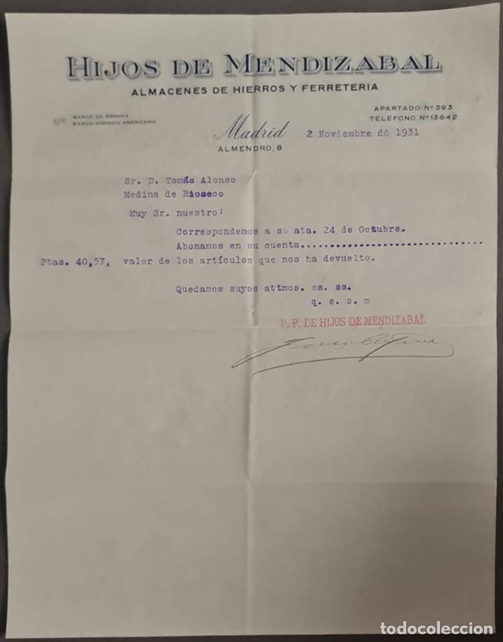 Cartas comerciais: Hijos de Mendizabal. F&aacute;brica de art&iacute;culos de Ferreter&iacute;a. Durango. Vizcaya. Espa&ntilde;a 1931