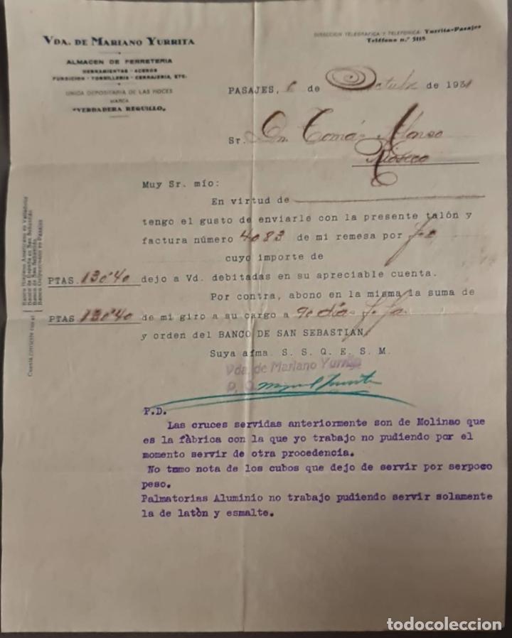 Cartas comerciais: Viuda de Mariano Yurrita. Almacenes de Ferreter&iacute;a. Guip&uacute;zcoa. Espa&ntilde;a 1931