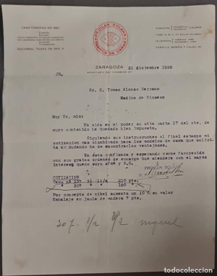 Cartas comerciais: Froilan Solans. F&aacute;brica de camas. Zaragoza. Espa&ntilde;a 1928
