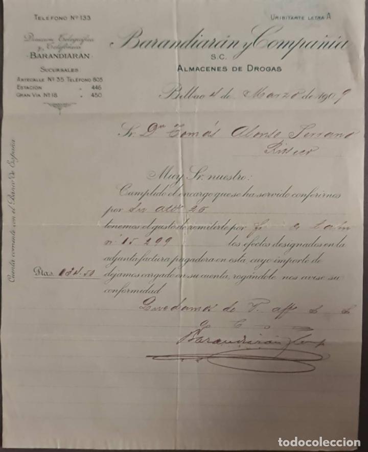 Cartas comerciais: Barandiar&aacute;n y Compa&ntilde;&iacute;a. Grandes Almacenes de drogas y productos farmac&eacute;uticos. Bilbao. Espa&ntilde;a 1909