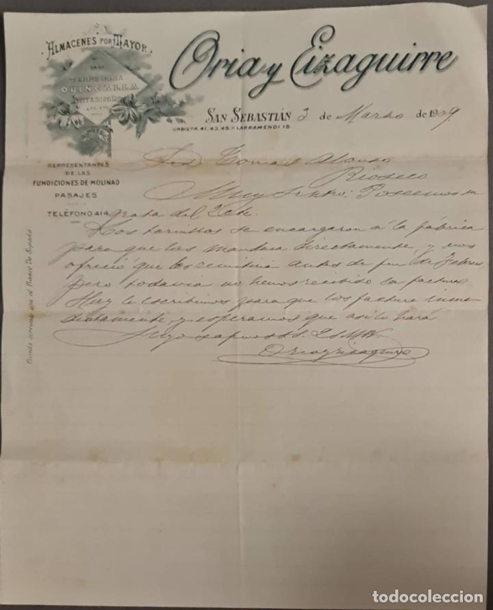 Cartas comerciais: Oria y Eizaguirre. Almacenes por Mayor. San Sebasti&aacute;n. Espa&ntilde;a 1909