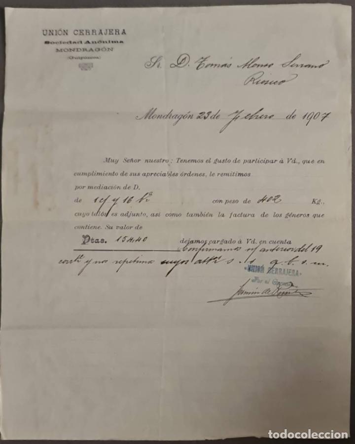 Cartas comerciais: Uni&oacute;n Cerrajera S.A. Mondrag&oacute;n. Espa&ntilde;a 1907