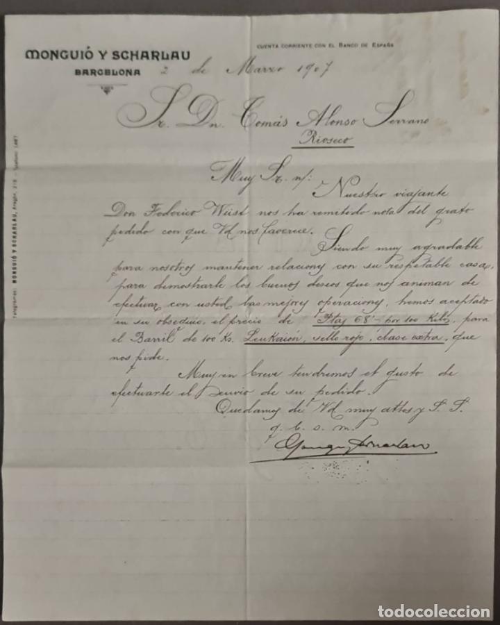 Cartas comerciais: Mongui&oacute; y Scharlau. Barnices para litograf&iacute;a. Barcelona. Espa&ntilde;a 1907