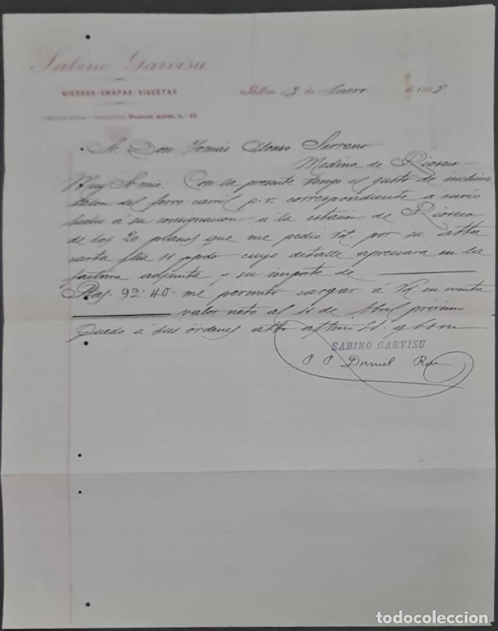 Cartas comerciais: Sabino Garbisu. Hierros y Aceros. Chapas y Viguetas. Almacenes. Bilbao. Espa&ntilde;a 1908
