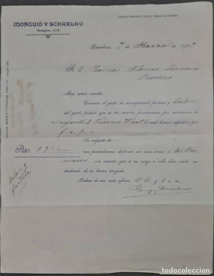 Cartas comerciais: Mongui&oacute; y Scharlau. Barnices para litograf&iacute;a. Barcelona. Espa&ntilde;a 1907