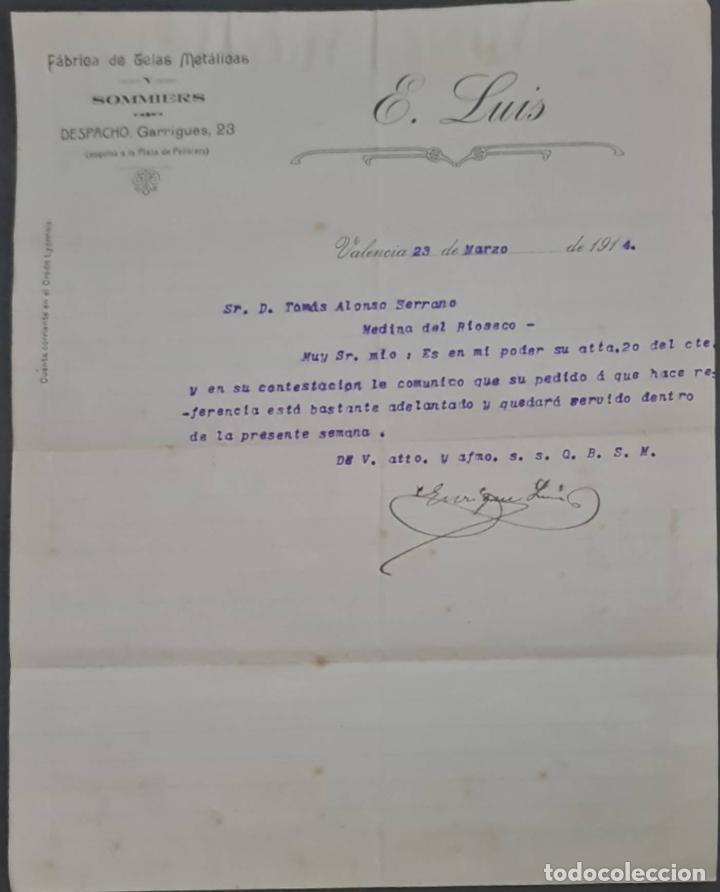 Cartas comerciais: E. Luis. F&aacute;brica de telas Met&aacute;licas y Somiers. Valencia. Espa&ntilde;a 1914