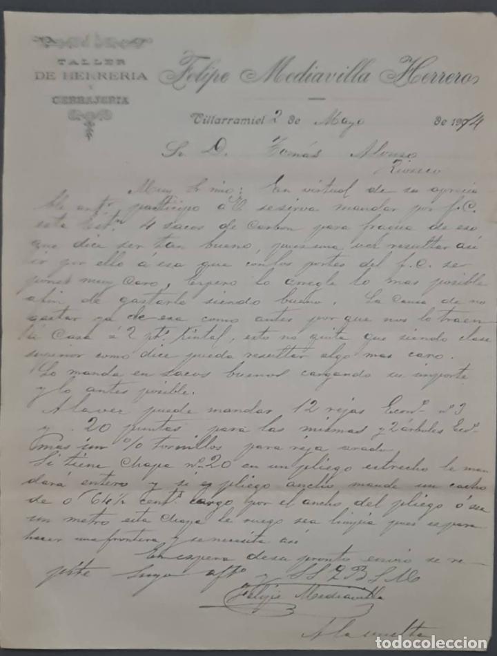 Commercial Letters: Felipe Mediavilla Herrero. Taller de Herrer&iacute;a y Cerrajer&iacute;a. Villarramiel. Espa&ntilde;a 1914
