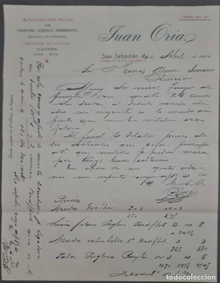 Commercial Letters: Juan Oria. Almac&eacute;n por mayor de Ferreter&iacute;a, Quincalla y Herramientas. San Sebasti&aacute;n. Espa&ntilde;a 1914