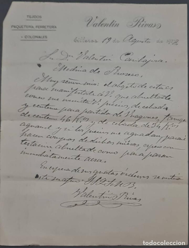 Commercial Letters: Valent&iacute;n Rivas. Tejidos, paqueter&iacute;a, Ferreter&iacute;a y Coloniales. Cilleros. Espa&ntilde;a 1908