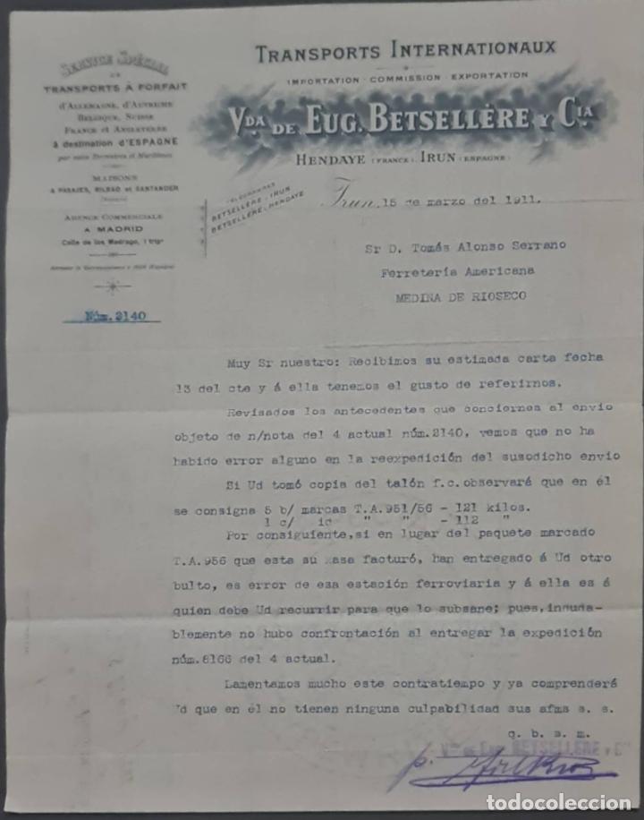 Commercial Letters: Vda. de Eug. Betsell&eacute;re y C&iacute;a. Transports Internationaux. Ir&uacute;n. Espa&ntilde;a 1911
