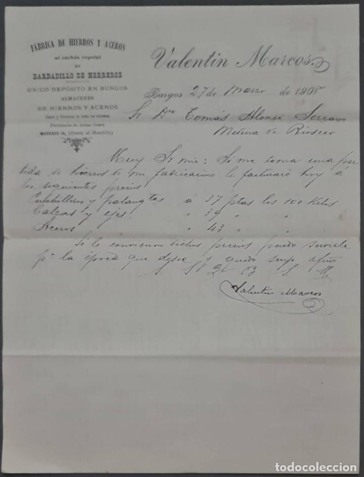 Commercial Letters: Valent&iacute;n Marcos. F&aacute;brica de hierros y aceros. Burgos. Espa&ntilde;a 1908