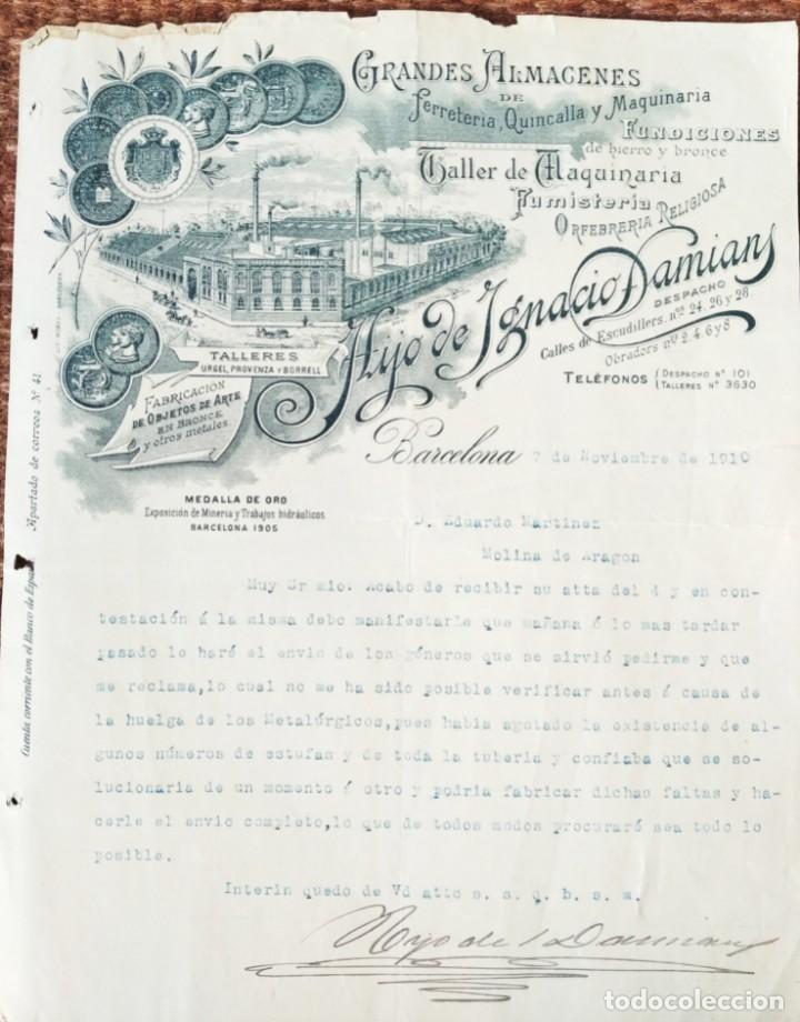 Commercial Letters: CARTA COMERCIAL ALMACEN FERRERTERIA HIJO DE IGNACIO DAMIANS - BARCELONA 1910