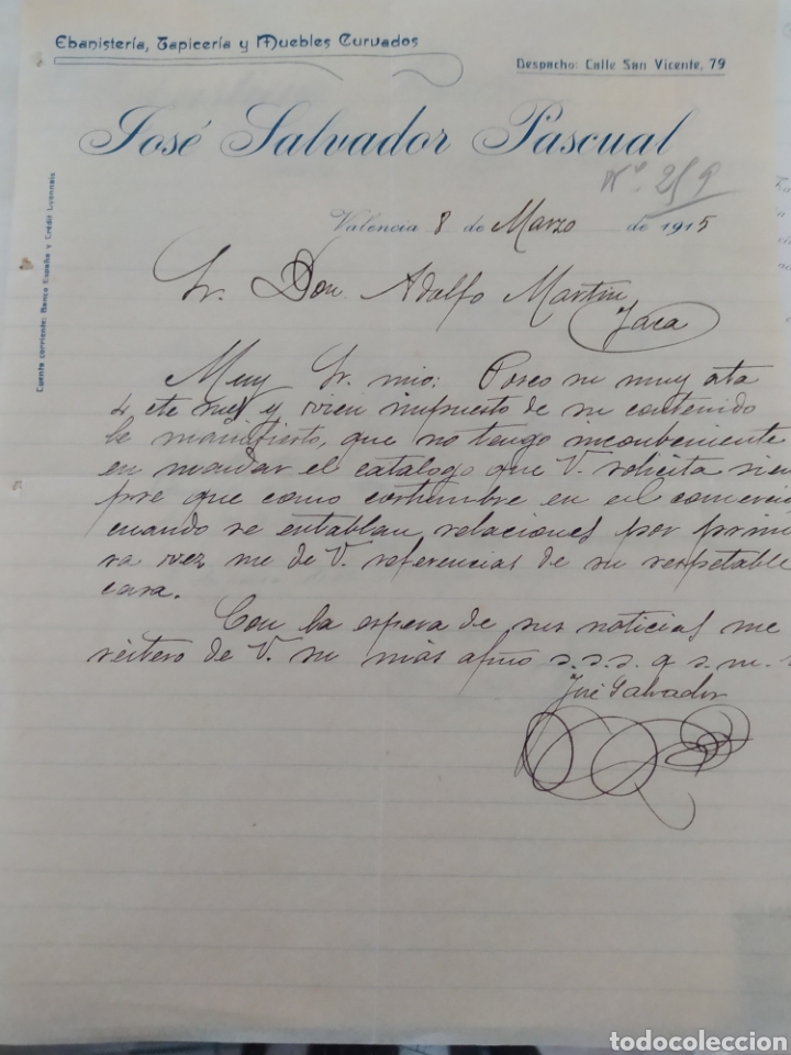 Commercial Letters: Jos&eacute; Salvador Pascual 1915 factura ebanister&iacute;a tapicer&iacute;a y muebles curvados