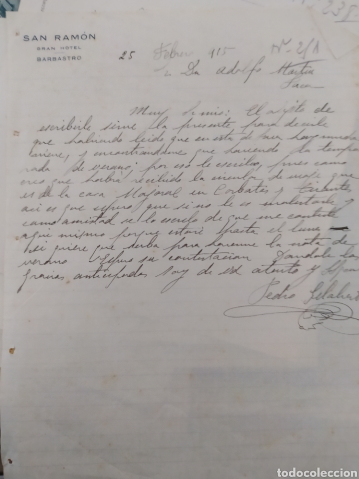 Commercial Letters: San Ram&oacute;n Gran Hotel de Barbastro carta comercial 1915