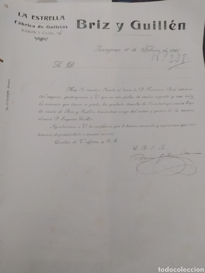 Cartas comerciales: La estrella f&aacute;brica de galletas Ram&oacute;n y Cajal de Zaragoza brit y Guill&eacute;n
