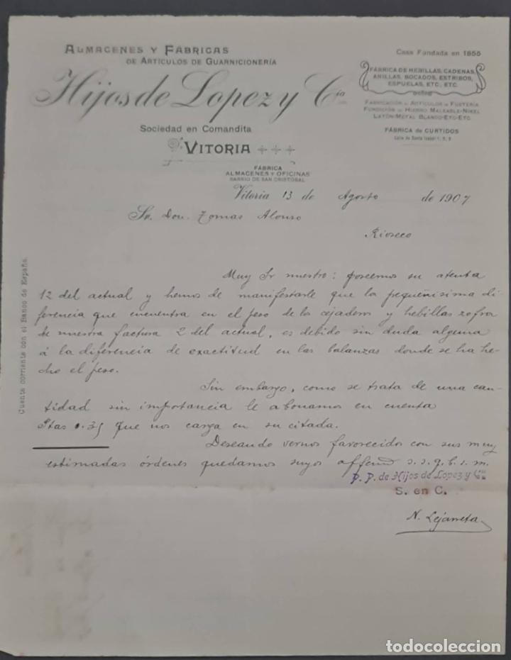 Commercial Letters: Hijos de L&oacute;pez y C&iacute;a. Suc. de Lejarreta y Compa&ntilde;&iacute;a. F&aacute;brica hebillas y cadenas. Vitoria. Espa&ntilde;a 1907