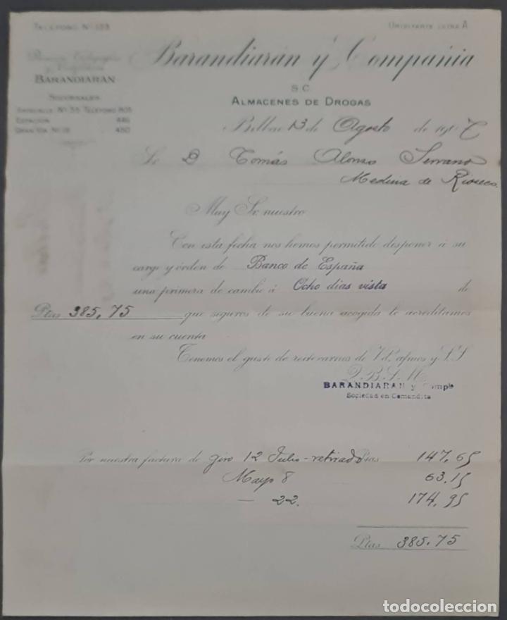 Cartas comerciais: Barandiar&aacute;n y Compa&ntilde;&iacute;a. Grandes Almacenes de drogas y productos farmac&eacute;uticos. Bilbao. Espa&ntilde;a 1907