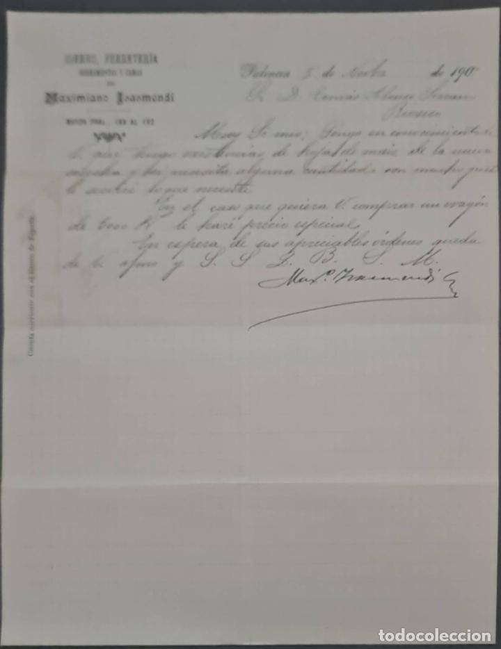 Commercial Letters: Maximiano Isasmendi Madina. Hierro, Ferreter&iacute;a, Herramientas y camas. Palencia. Espa&ntilde;a 1907