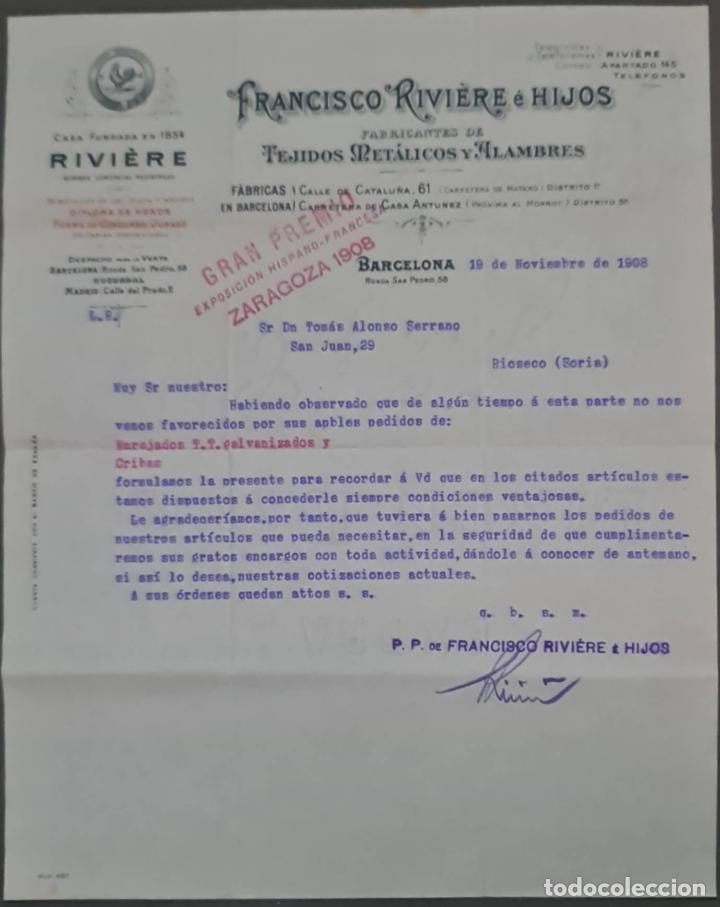 Commercial Letters: Franc&iacute;sco Rivi&eacute;re e Hijos. Tejidos met&aacute;licos y alambres. Barcelona. Espa&ntilde;a 1908