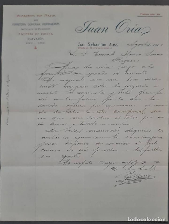 Commercial Letters: Juan Oria. Almac&eacute;n por mayor de Ferreter&iacute;a, Quincalla y Herramientas. San Sebasti&aacute;n. Espa&ntilde;a 1914