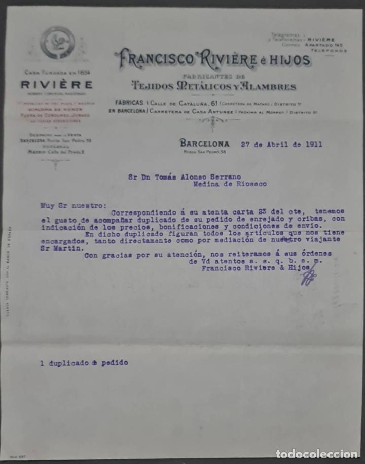 Commercial Letters: Franc&iacute;sco Rivi&eacute;re e Hijos. Tejidos met&aacute;licos y alambres. Barcelona. Espa&ntilde;a 1911
