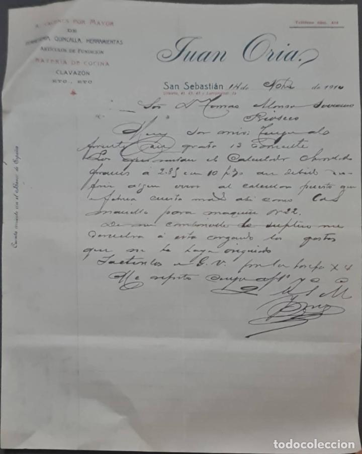 Commercial Letters: Juan Oria. Almac&eacute;n por mayor de Ferreter&iacute;a, Quincalla y Herramientas. San Sebasti&aacute;n. Espa&ntilde;a 1914