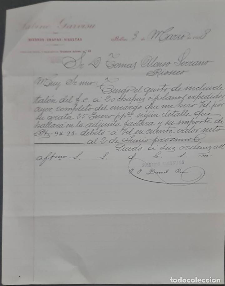 Commercial Letters: Sabino Garbisu. Hierros y Aceros. Chapas y Viguetas. Almacenes. Bilbao. Espa&ntilde;a 1908