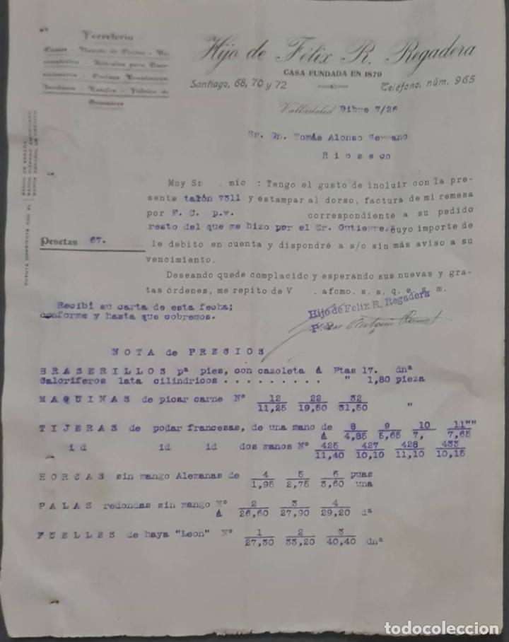 Cartas comerciales: Hijo de F&eacute;lix R. Regadera. Ferreter&iacute;a. Valladolid. Espa&ntilde;a 1926