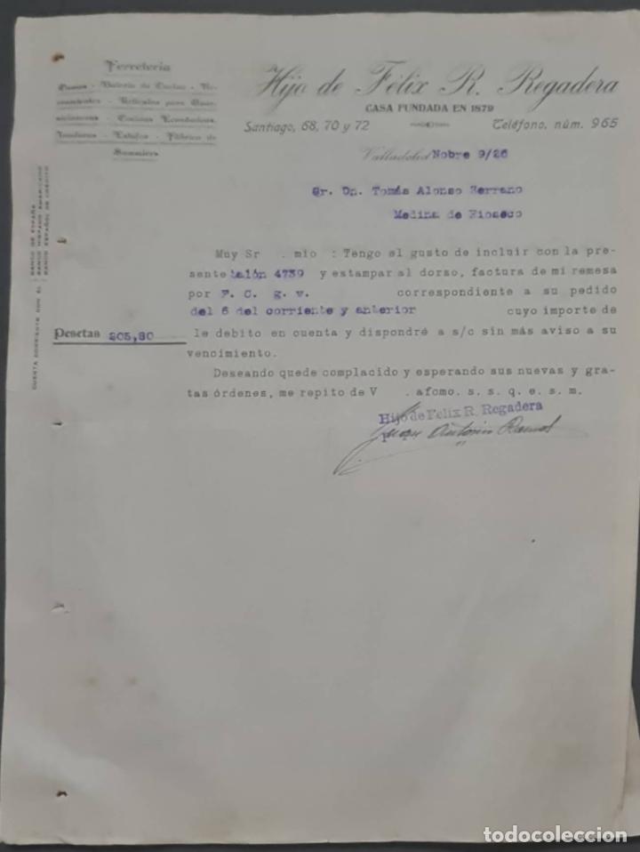 Cartas comerciales: Hijo de F&eacute;lix R. Regadera. Ferreter&iacute;a. Valladolid. Espa&ntilde;a 1926