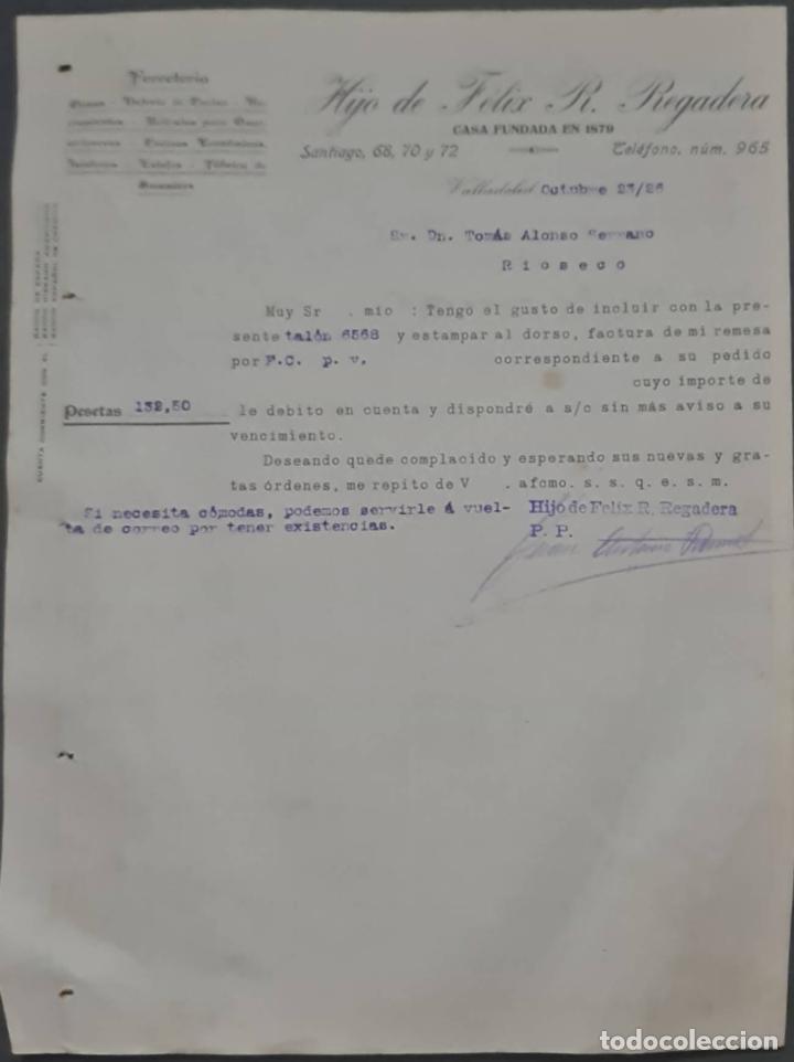 Cartas comerciales: Hijo de F&eacute;lix R. Regadera. Ferreter&iacute;a. Valladolid. Espa&ntilde;a 1926