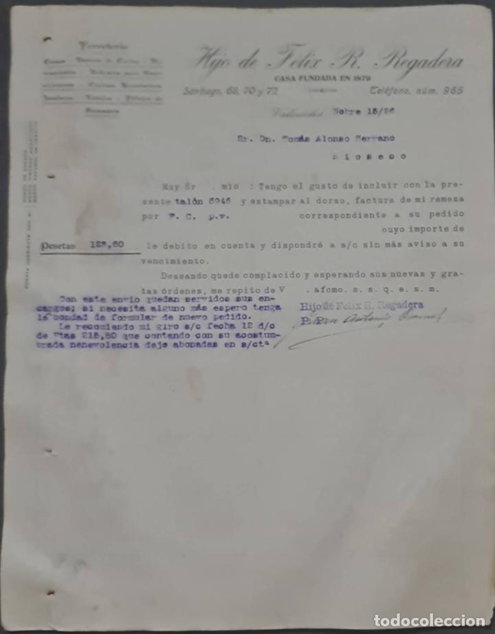 Cartas comerciales: Hijo de F&eacute;lix R. Regadera. Ferreter&iacute;a. Valladolid. Espa&ntilde;a 1926