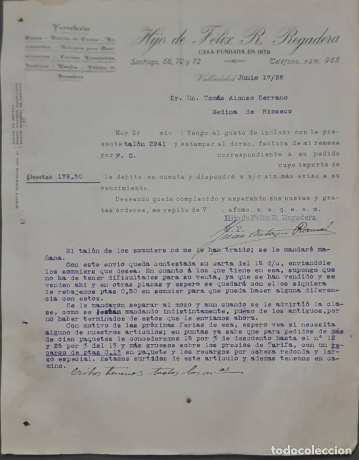 Cartas comerciales: Hijo de F&eacute;lix R. Regadera. Ferreter&iacute;a. Valladolid. Espa&ntilde;a 1926