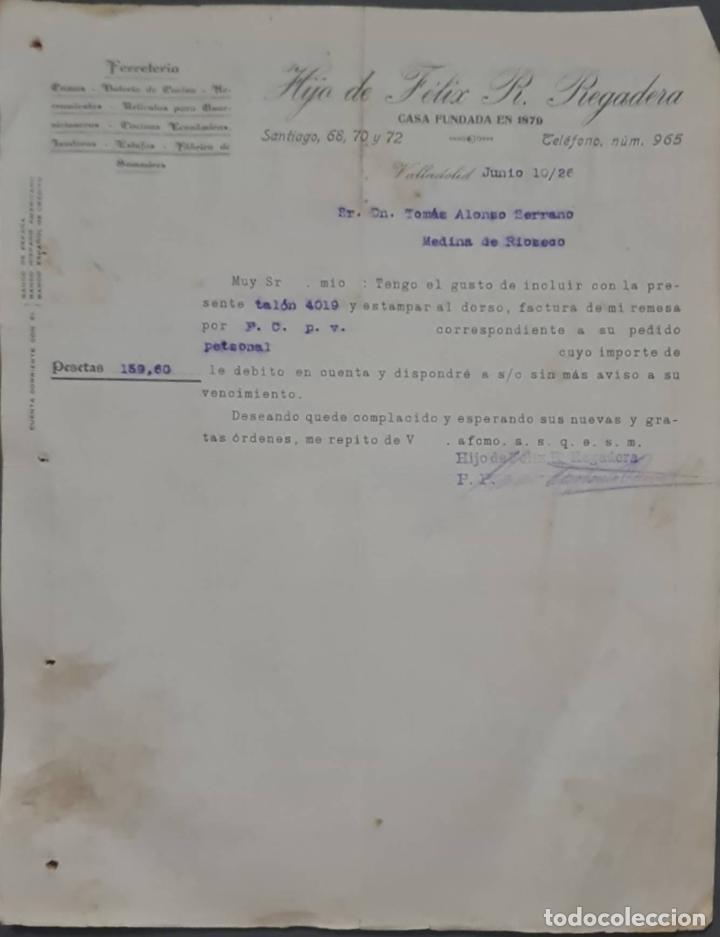 Cartas comerciales: Hijo de F&eacute;lix R. Regadera. Ferreter&iacute;a. Valladolid. Espa&ntilde;a 1926