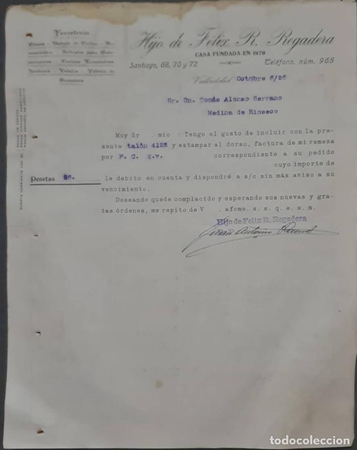 Cartas comerciales: Hijo de F&eacute;lix R. Regadera. Ferreter&iacute;a. Valladolid. Espa&ntilde;a 1926
