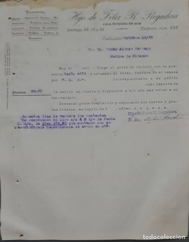Cartas comerciales: Hijo de F&eacute;lix R. Regadera. Ferreter&iacute;a. Valladolid. Espa&ntilde;a 1926