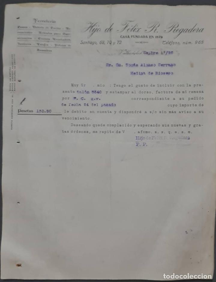Cartas comerciales: Hijo de F&eacute;lix R. Regadera. Ferreter&iacute;a. Valladolid. Espa&ntilde;a 1926