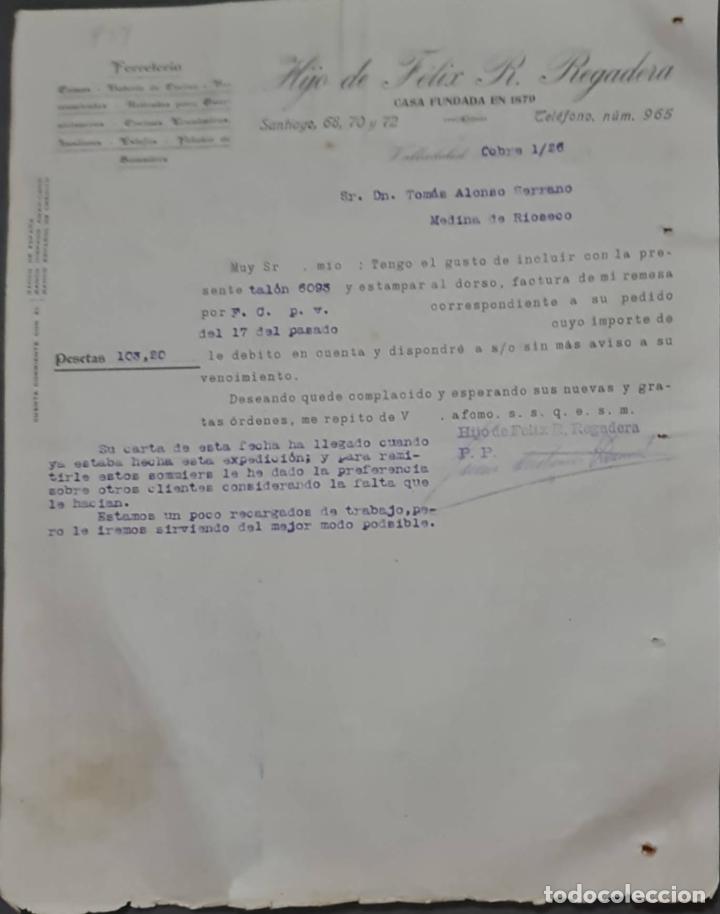 Cartas comerciales: Hijo de F&eacute;lix R. Regadera. Ferreter&iacute;a. Valladolid. Espa&ntilde;a 1926