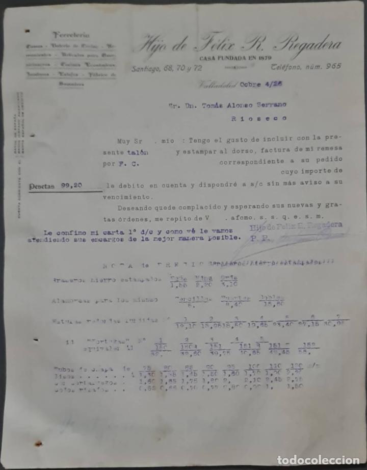 Cartas comerciales: Hijo de F&eacute;lix R. Regadera. Ferreter&iacute;a. Valladolid. Espa&ntilde;a 1926