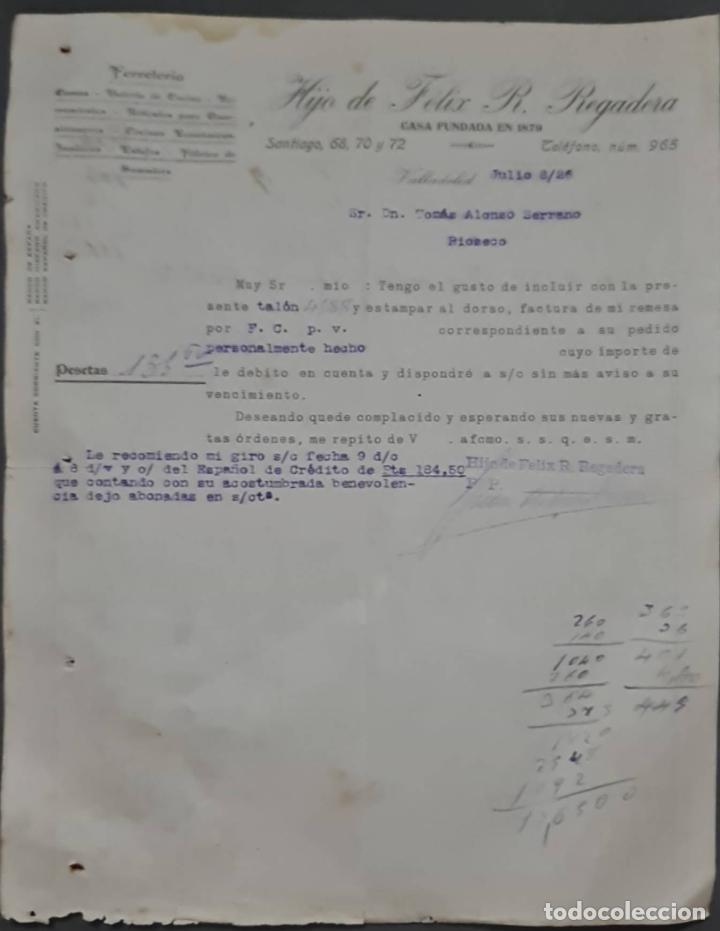 Commercial Letters: Hijo de F&eacute;lix R. Regadera. Ferreter&iacute;a. Valladolid. Espa&ntilde;a 1926