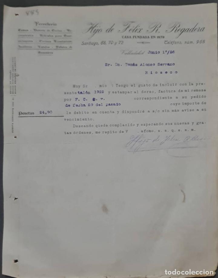Commercial Letters: Hijo de F&eacute;lix R. Regadera. Ferreter&iacute;a. Valladolid. Espa&ntilde;a 1926