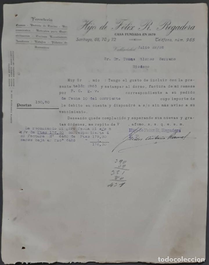 Lettere commerciali: Hijo de F&eacute;lix R. Regadera. Ferreter&iacute;a. Valladolid. Espa&ntilde;a 1926