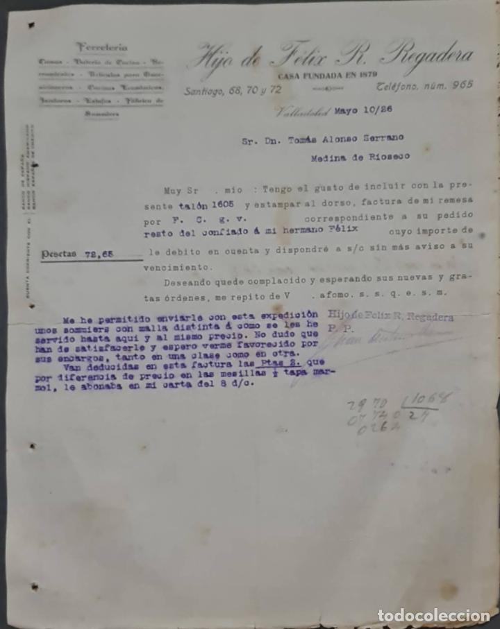 Lettere commerciali: Hijo de F&eacute;lix R. Regadera. Ferreter&iacute;a. Valladolid. Espa&ntilde;a 1926