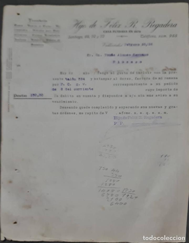 Cartas comerciales: Hijo de F&eacute;lix R. Regadera. Ferreter&iacute;a. Valladolid. Espa&ntilde;a 1926